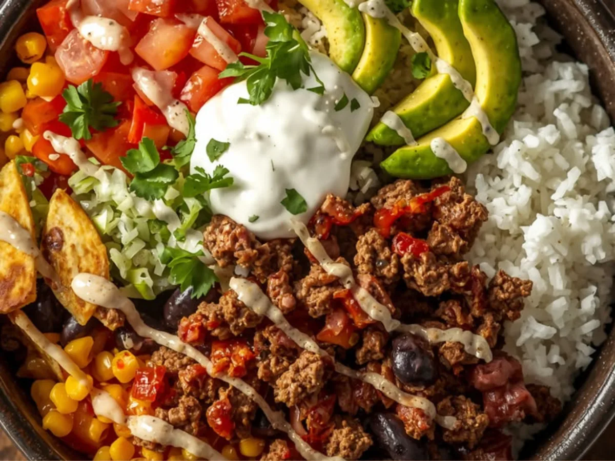 Delicious ground beef burrito bowl with fresh vegetables and cilantro lime rice.