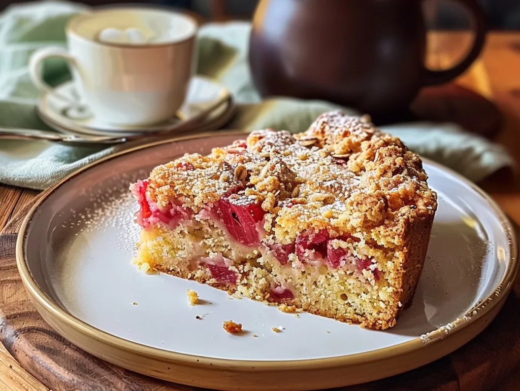 The Best Rhubarb Coffee Cake Recipe with Sour Cream and Crumble Topping