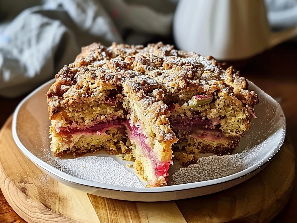 The Best Rhubarb Coffee Cake Recipe with Sour Cream and Crumble Topping