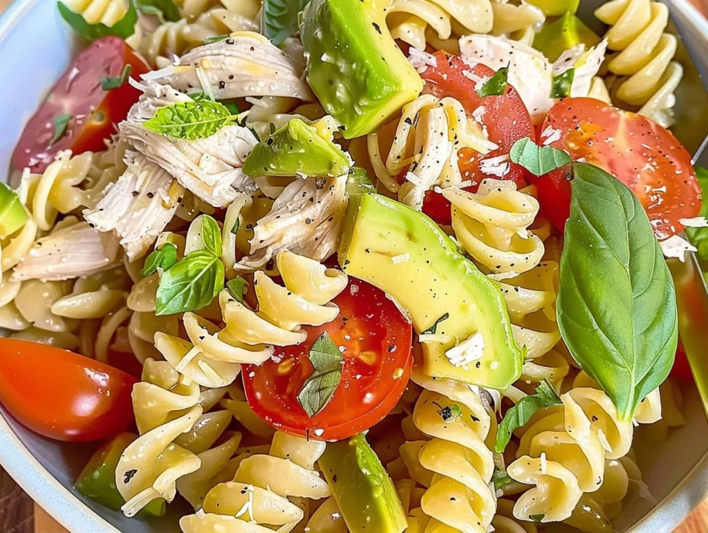 Healthy Chicken Pasta Salad with Avocado, Tomato, and Basil