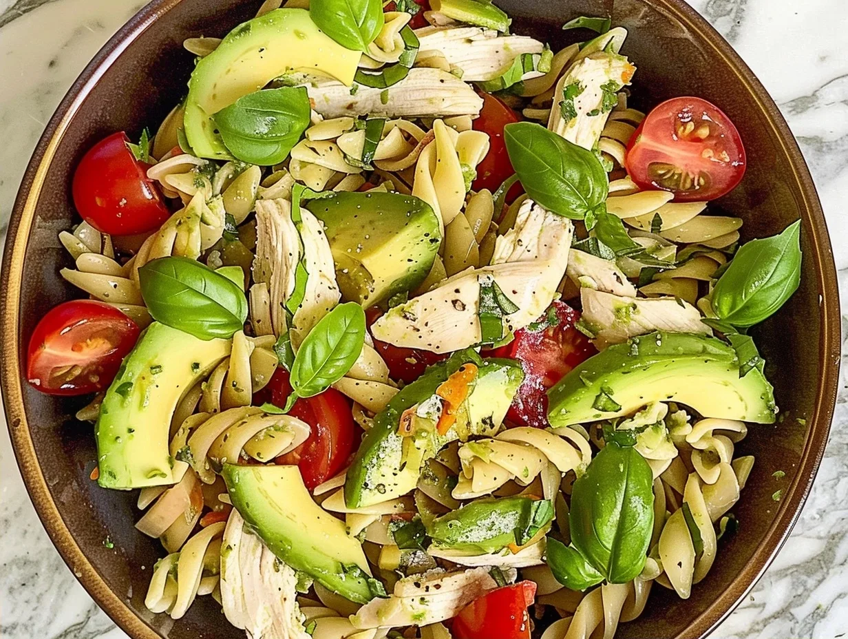 Healthy Chicken Pasta Salad with Avocado, Tomato, and Basil