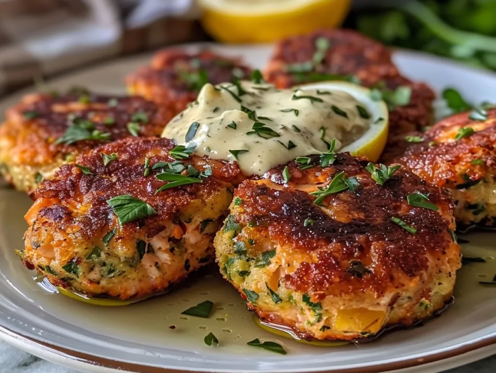 Baked Salmon Patties Recipe with Garlic Herb Sauce