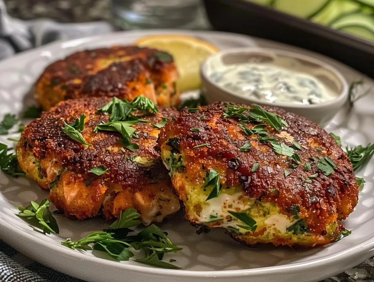 Baked Salmon Patties Recipe with Garlic Herb Sauce