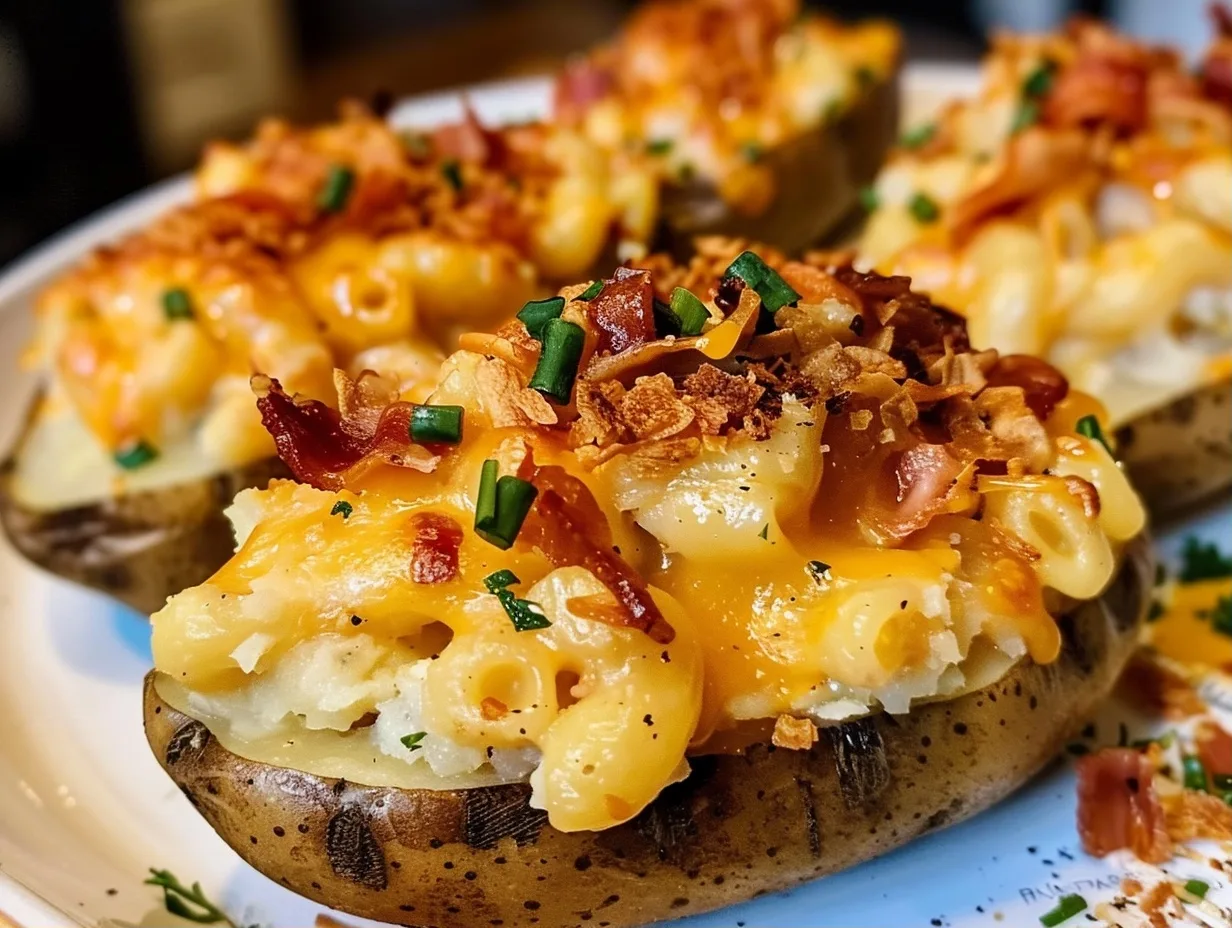 Loaded Mac and Cheese Stuffed Baked Potatoes 3 Loaded Mac and Cheese Stuffed Baked Potatoes