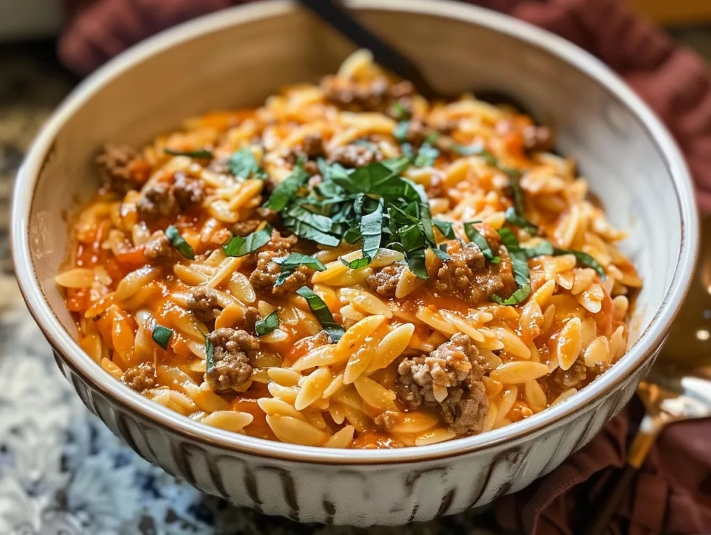 Ground Beef Orzo with Tomato Cream Sauce