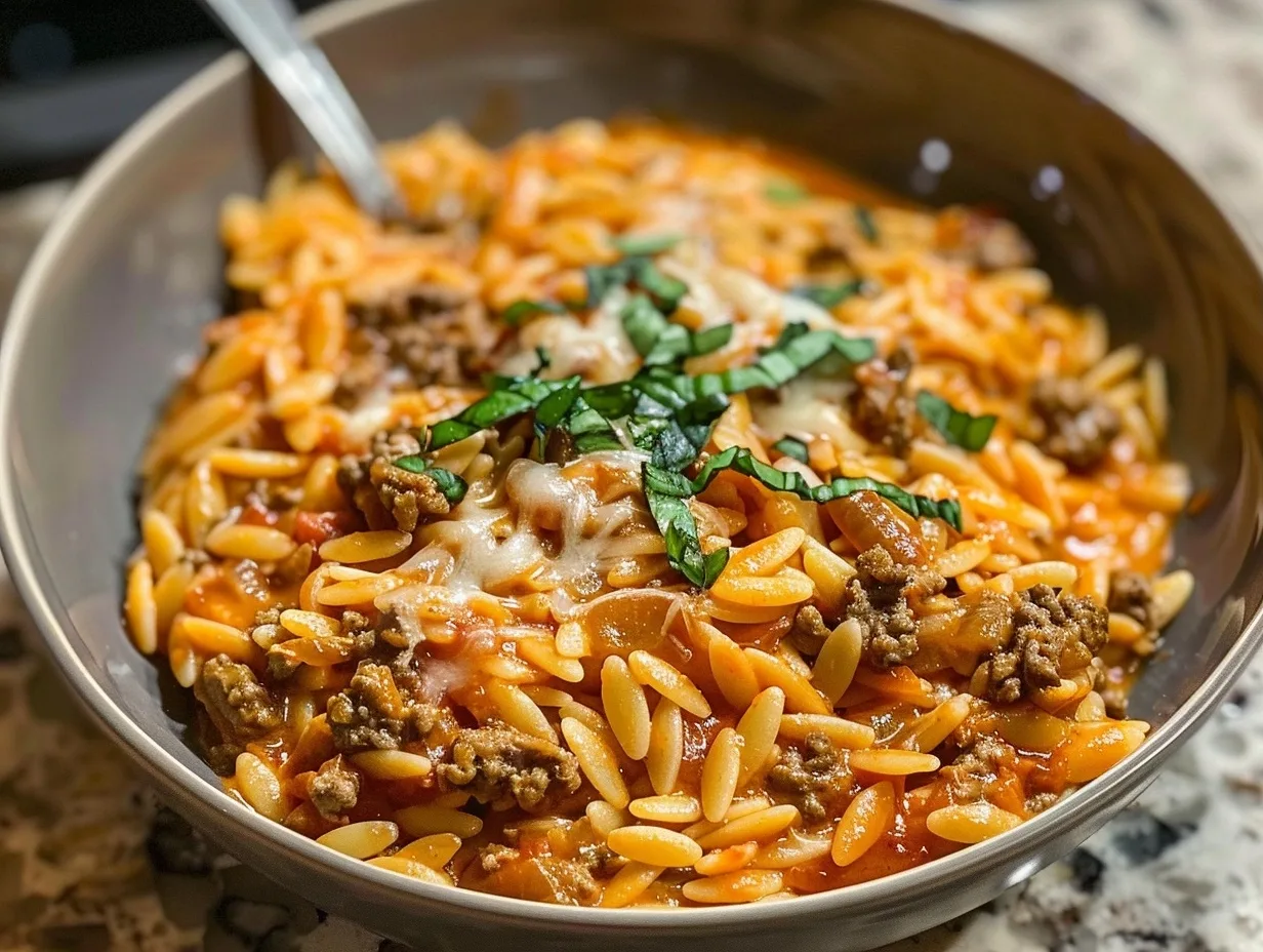 Ground Beef Orzo with Tomato Cream Sauce