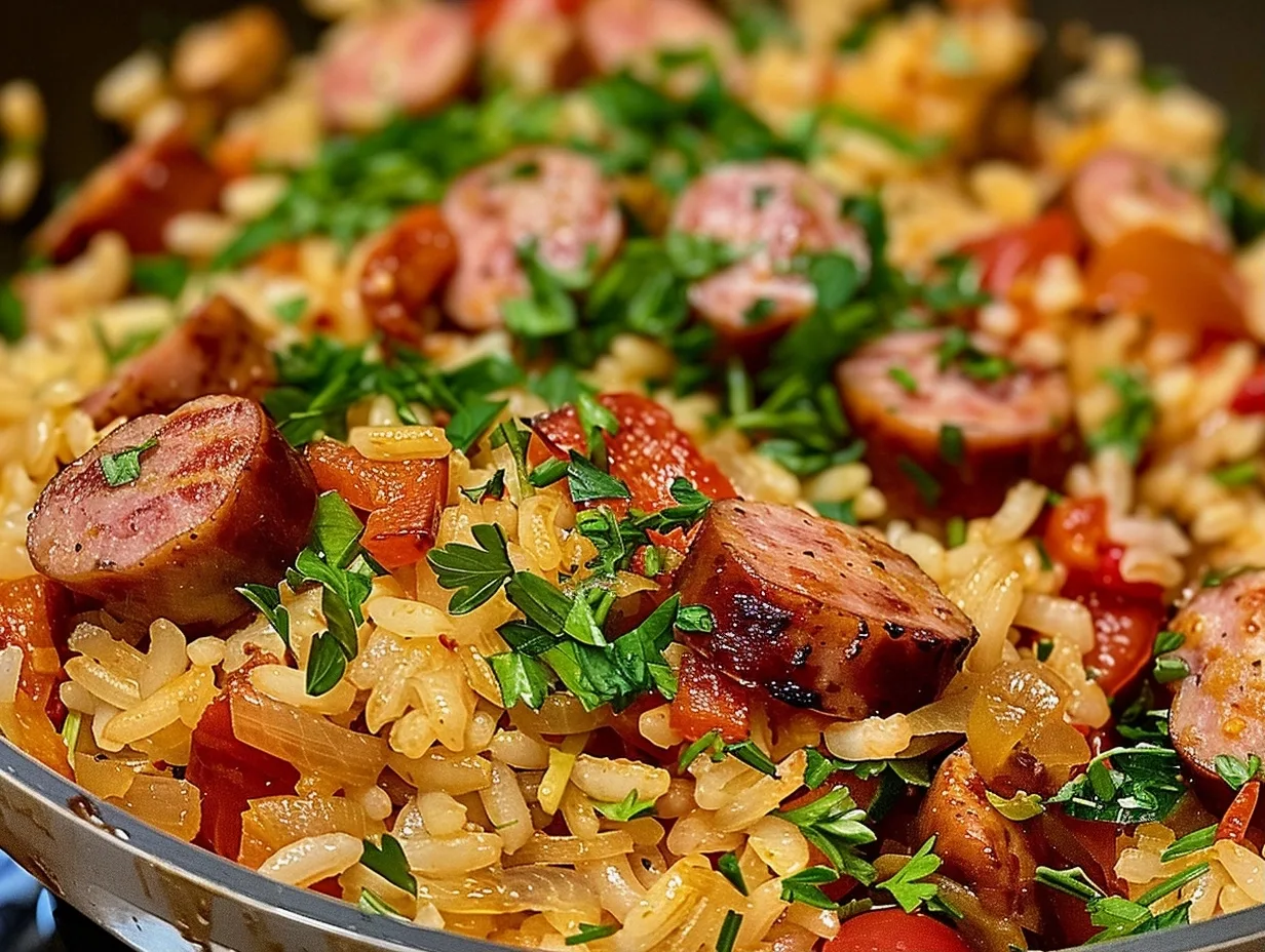 One-Pot Smoked Sausage and Rice Dinner with Bell Peppers and Fresh Herbs