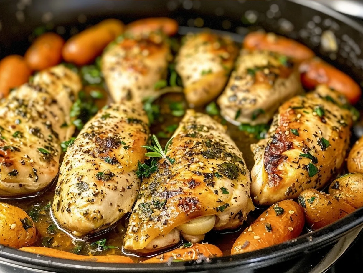 Easy Garlic Herb Chicken with Roasted Potatoes and Carrots