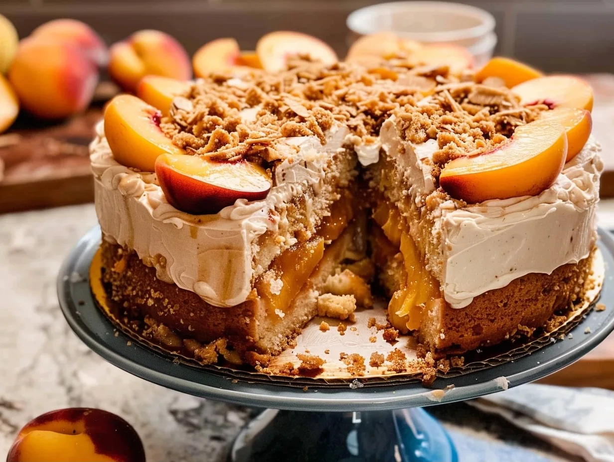 Peach Cobbler Cake with Brown Butter Frosting - Blue Bowl